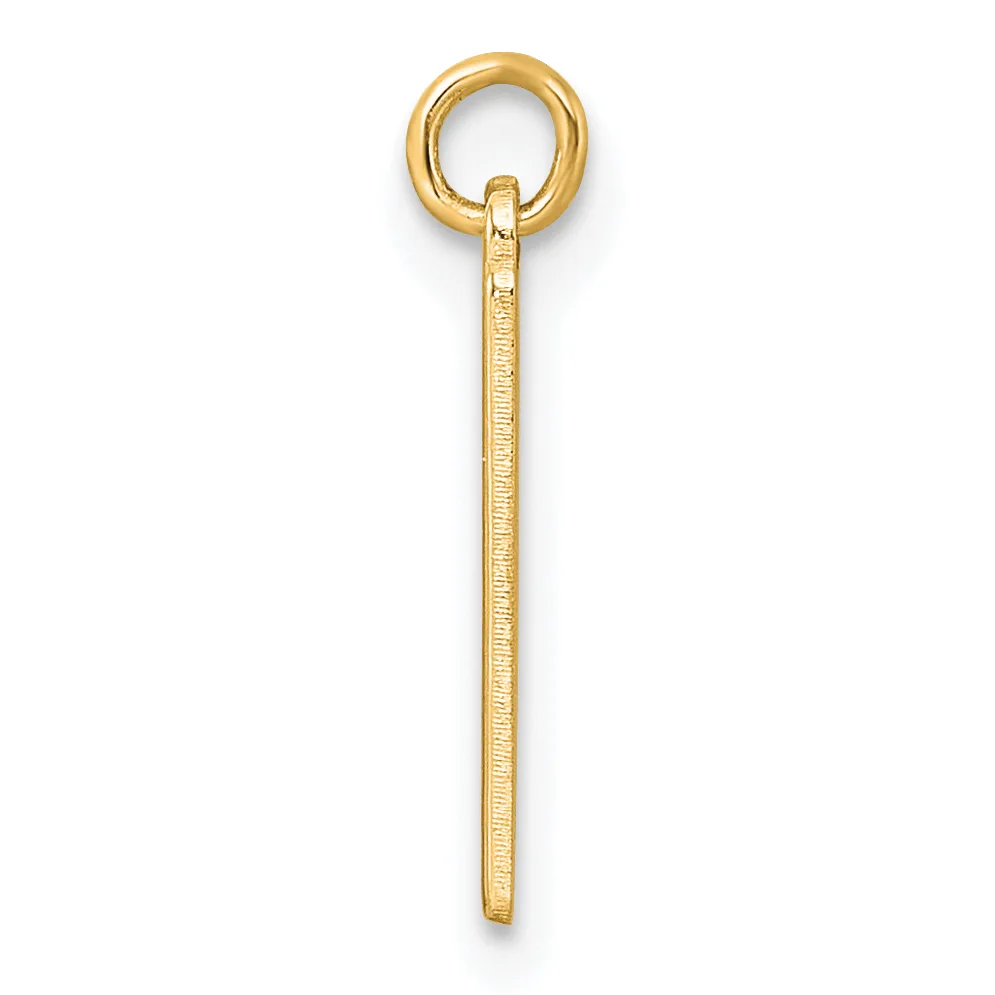 A gold pendant consisting of a circular loop at the top attached to a long, thin rectangular bar with textured surface, shown against a white background.