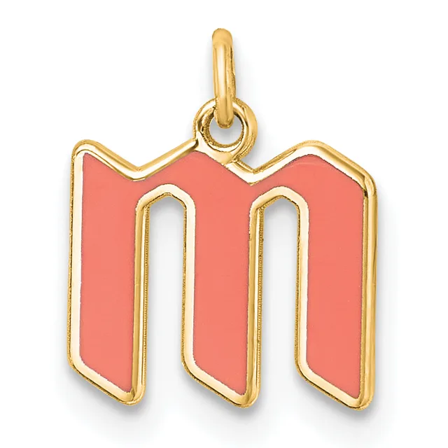 Gold-toned pendant charm shaped like the letter "m" with coral pink enamel fill and a small loop at the top for hanging.