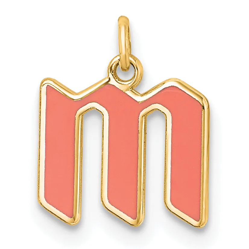Gold-toned pendant charm shaped like the letter "m" with coral pink enamel fill and a small loop at the top for hanging.