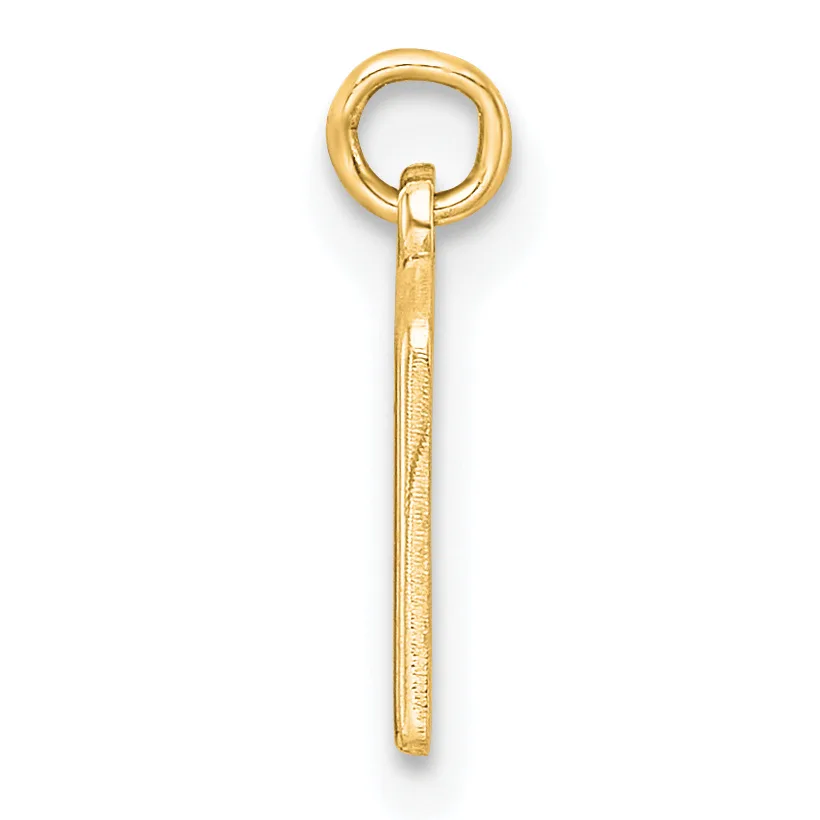 A gold pendant consisting of a rounded loop at the top connected to a long, slender shaft with a textured surface finish.