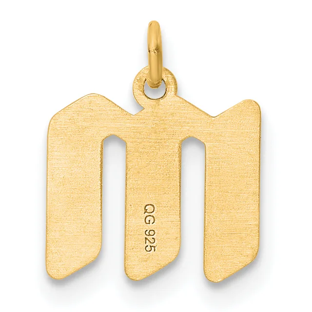 Gold pendant with a wavy rectangular shape featuring two vertical cutout slots, shown against a white background with a small stamped hallmark visible on the surface.