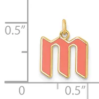 Coral enamel letter M pendant with gold-tone metal outline and loop, shown next to a ruler indicating approximately 0.5 inches in height and width.