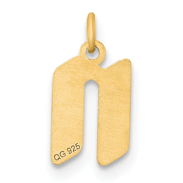 A gold pendant shaped like the letter "n" with a small stamped hallmark on the lower left and a looped bail at the top for hanging.
