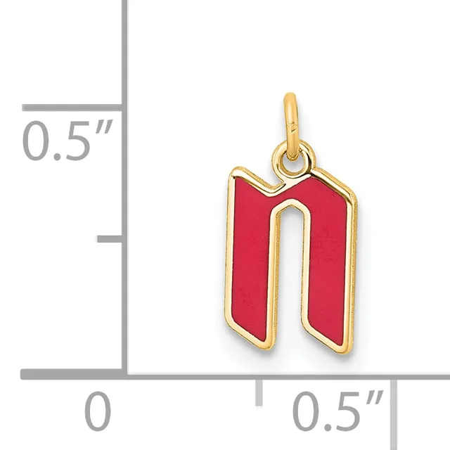 Gold-toned charm with red enamel in the shape of the letter "n" shown against a measurement scale indicating approximately 0.5 inches in height and width.