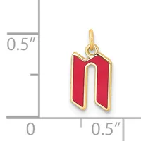 Gold-toned charm with red enamel in the shape of the letter "n" shown against a measurement scale indicating approximately 0.5 inches in height and width.