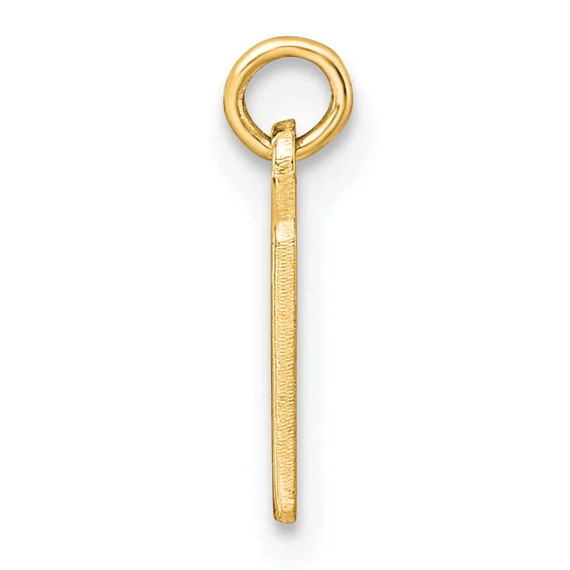A gold pendant charm consisting of a ring at the top connected to a long textured rectangular bar with a small stamped hallmark.