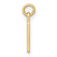 A gold pendant charm consisting of a ring at the top connected to a long textured rectangular bar with a small stamped hallmark.