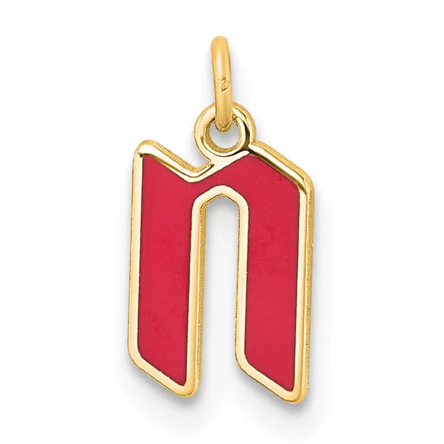 Gold-framed pendant charm with red enamel filling, shaped like the letter "n" with a rounded rectangular cutout in the center, suspended from a gold loop.