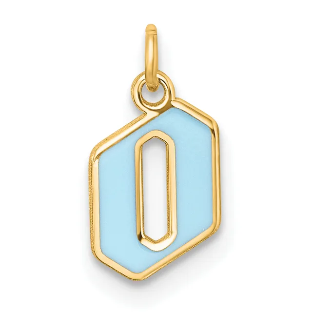 Gold pendant with light blue enamel hexagonal face and cutout oval center, suspended from a gold loop bail.