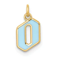 Gold pendant with light blue enamel hexagonal face and cutout oval center, suspended from a gold loop bail.