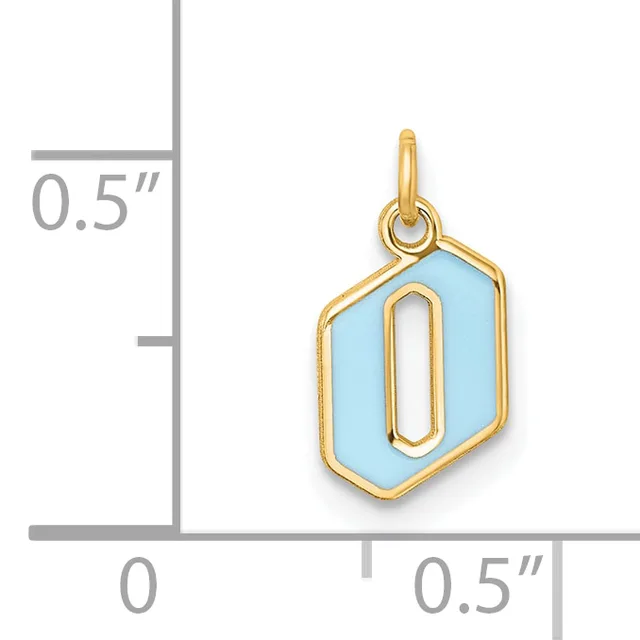 Light blue enameled hexagonal pendant with gold-tone outline and loop, shown against a ruler indicating approximately 0.5 inches in width and height.