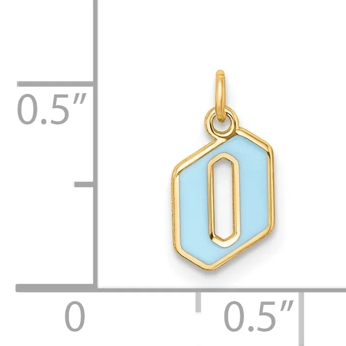 Light blue enameled hexagonal pendant with gold-tone outline and loop, shown against a ruler indicating approximately 0.5 inches in width and height.
