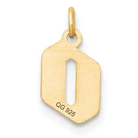 A gold pendant in the shape of a rounded rectangle with a vertical rectangular cutout, hanging from a bail loop, with a small stamped hallmark on the surface.