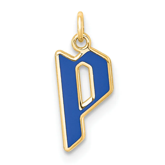A gold-toned metal pendant shaped like the letter P with a blue enamel fill and a small loop attachment at the top.