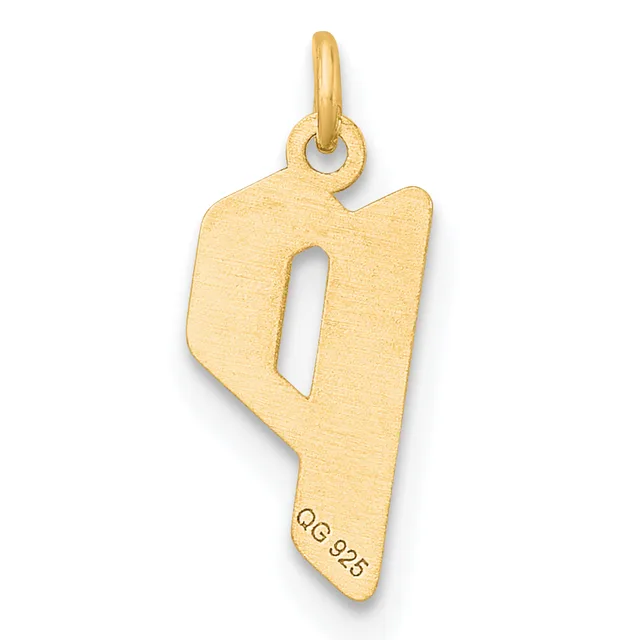 A gold pendant shaped like the number nine with a rectangular cutout, featuring a small stamped hallmark on the lower portion and a looped bail at the top.
