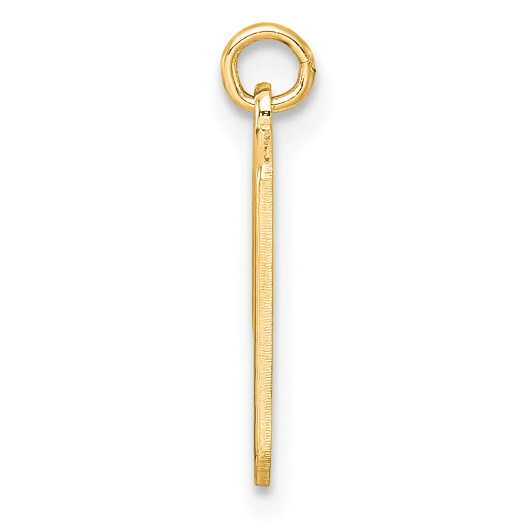 A long gold pendant with a textured rectangular body and a polished circular loop at the top, shown against a white background.