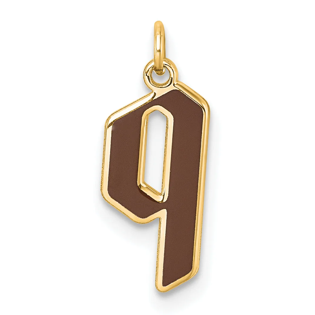 Gold-toned pendant charm shaped as the number 9 with brown enamel fill and a loop bail at the top.