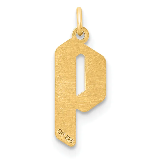 Gold letter P pendant with a rectangular cutout in the center, suspended from a small loop, showing a small stamped hallmark on the lower edge.