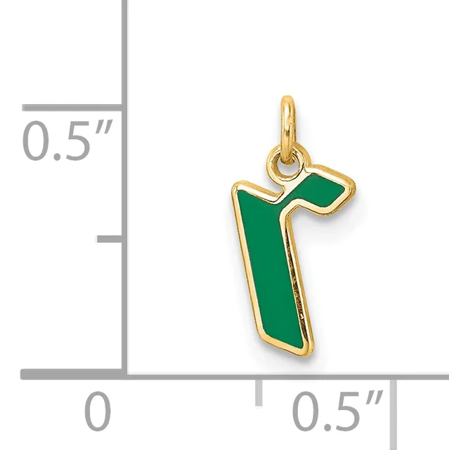 Gold-tone letter R pendant with green enamel fill, shown next to a measurement scale indicating approximately 0.5 inches in height and width.