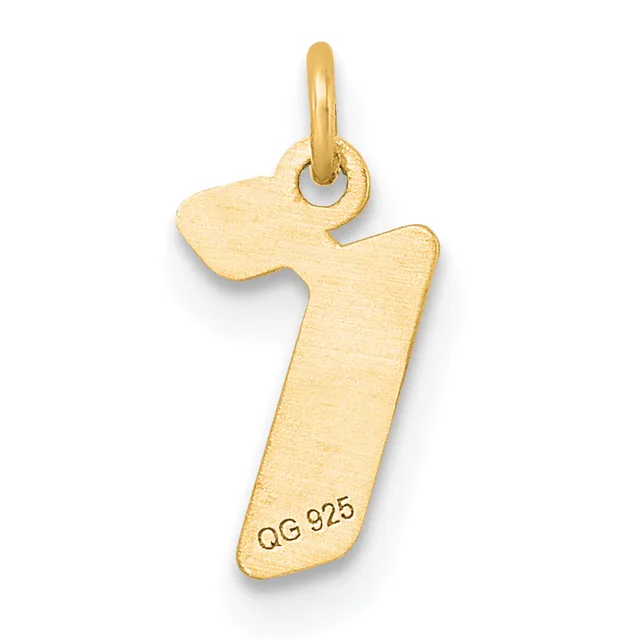 Gold number seven pendant with a loop at the top for attaching to a chain, shown against a white background.