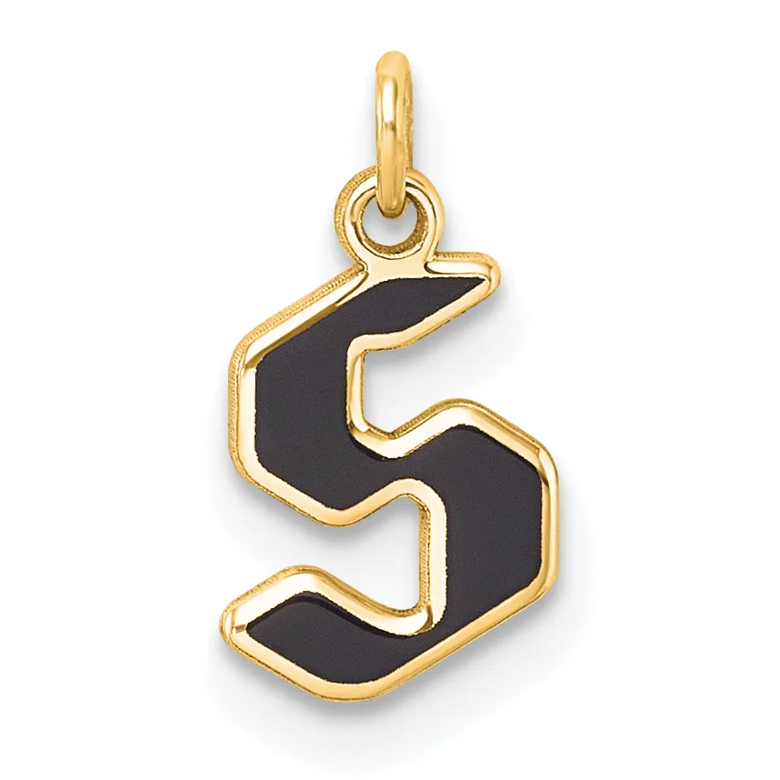 Gold pendant charm shaped like the number five with black enamel fill and a small loop at the top for attaching to a chain.