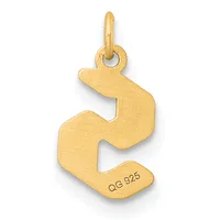 Gold pendant charm shaped like the letter S with a small stamped hallmark on the lower portion and a loop at the top for attaching to a chain.