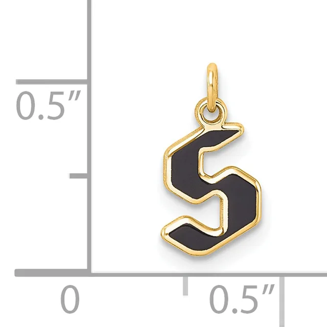 Gold-tone pendant with black enamel number five design and attached bail loop, shown with measurement scale indicating approximately 0.5 inches in height and width.