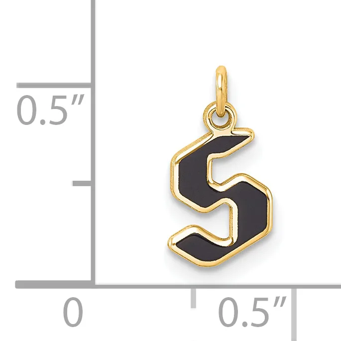 Gold-tone pendant with black enamel number five design and attached bail loop, shown with measurement scale indicating approximately 0.5 inches in height and width.