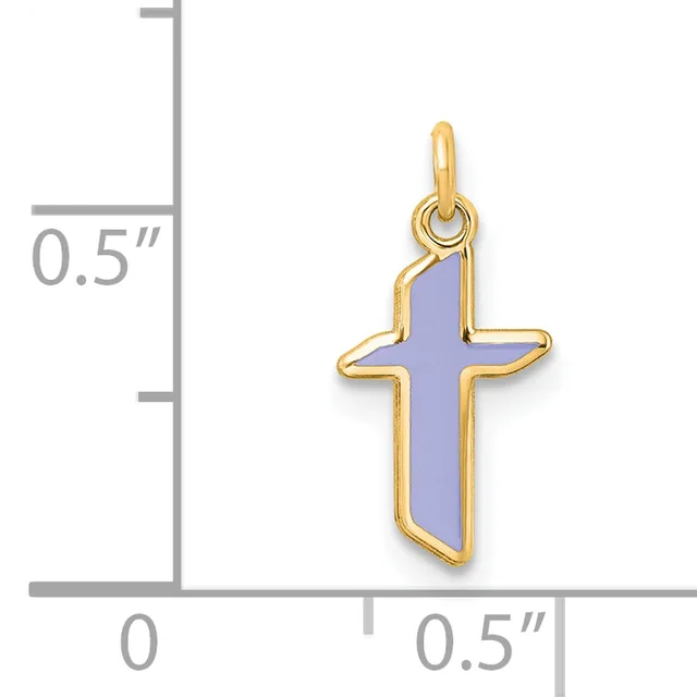 Gold-framed cross pendant with lavender enamel center and small loop at top, shown next to ruler indicating approximately 0.5 inches in height.