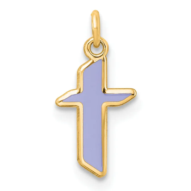 Gold-framed cross pendant with lavender enamel fill and a small loop bail at the top.