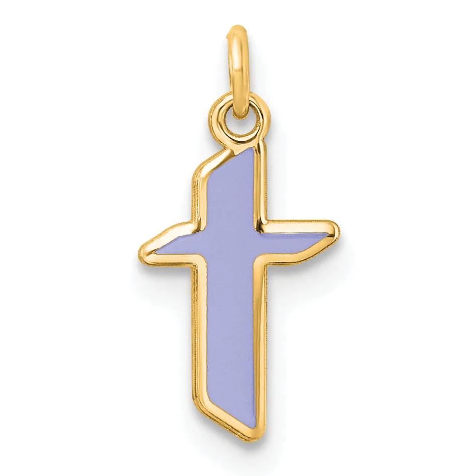 Gold-framed cross pendant with lavender enamel fill and a small loop bail at the top.