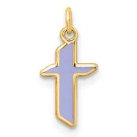 Gold-framed cross pendant with lavender enamel fill and a small loop bail at the top.