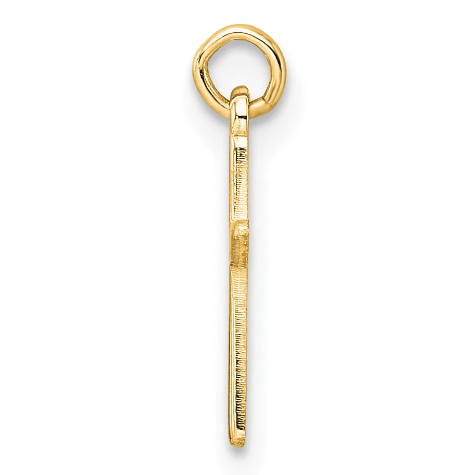 A gold eye hook with a textured shaft and small stamped hallmark, shown vertically against a white background.