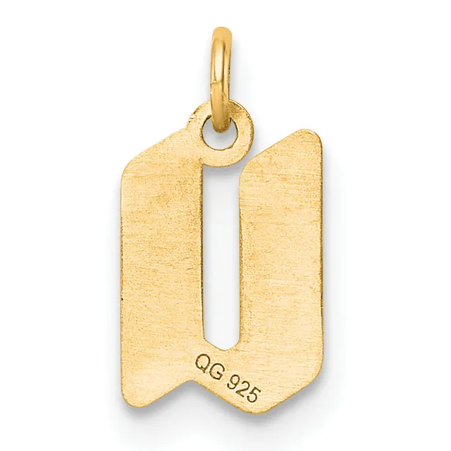 A gold pendant with a rounded rectangular shape featuring a central cutout, suspended from a small loop at the top, with a small stamped hallmark on the lower surface.