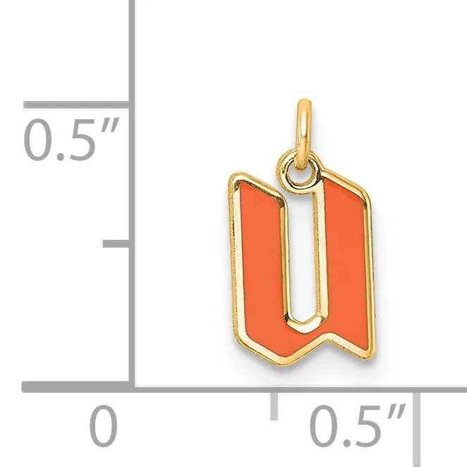 Gold-toned charm with orange enamel in a rectangular pennant shape, shown next to a measurement scale indicating approximately 0.5 inches in width and height.