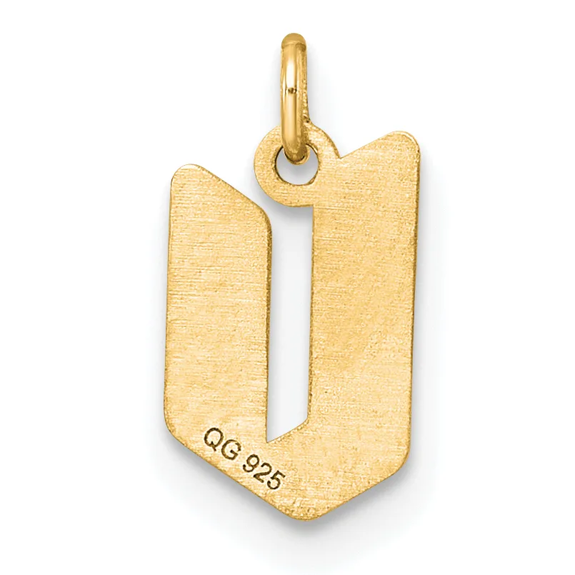A gold pendant in the shape of the letter U with a textured brushed finish and a small stamped hallmark on the lower left, suspended from a gold bail.