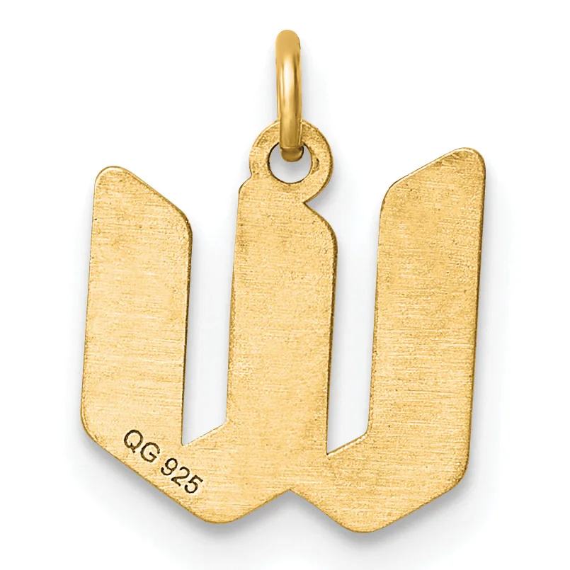Gold pendant shaped like the letter W with a polished bail loop at the top and a small stamped hallmark on the lower left.