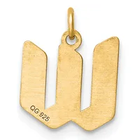 Gold pendant shaped like the letter W with a polished bail loop at the top and a small stamped hallmark on the lower left.