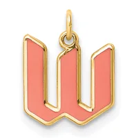 Gold pendant with coral-colored enamel fill in the shape of a stylized letter W, shown against a white background.