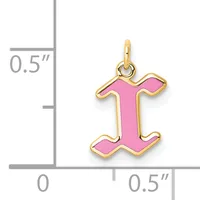 Pink enamel initial I charm with gold-tone outline and loop, shown next to a measurement scale indicating approximately 0.5 inches in height and width.