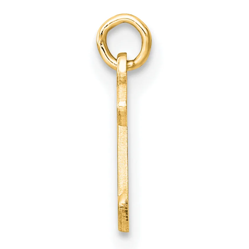 A gold charm pendant consisting of a round loop at the top connected to a rectangular bar shaft with a brushed finish and small hallmark.