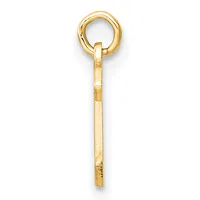 A gold charm pendant consisting of a round loop at the top connected to a rectangular bar shaft with a brushed finish and small hallmark.