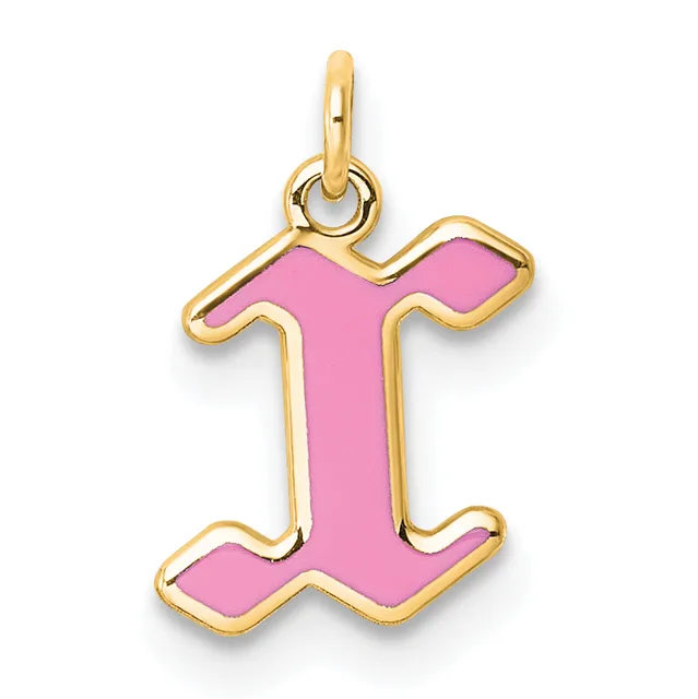 Gold pendant with pink enamel in the shape of the letter I, featuring a small loop at the top for attachment to a chain.