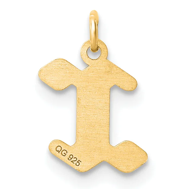 A gold pendant in the shape of a stylized T with rounded edges and a small loop at the top for hanging, displayed against a white background.