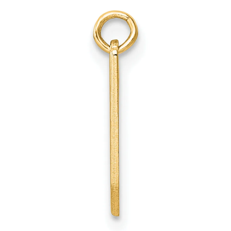 A gold-toned metal eye hook pendant with a textured shaft and rounded loop at the top, shown against a white background.