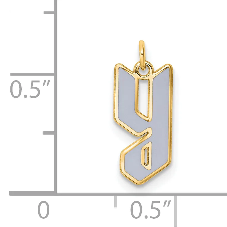 Gold-colored metal pendant with gray enamel inlay shaped like the number nine, shown next to a ruler indicating approximately half an inch in width.