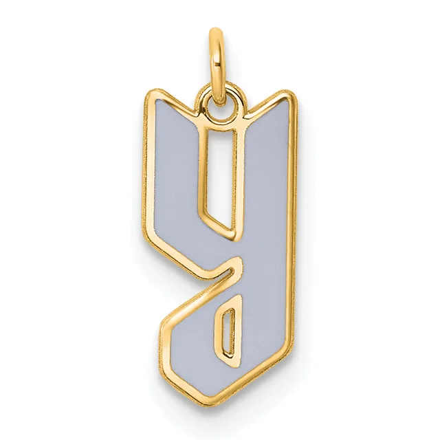 Gold-framed pendant charm with gray enamel fill in the shape of the number nine, suspended from a gold loop bail.