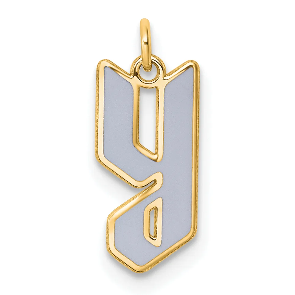 Gold-framed pendant charm with gray enamel fill in the shape of the number nine, suspended from a gold loop bail.