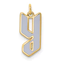 Gold-framed pendant charm with gray enamel fill in the shape of the number nine, suspended from a gold loop bail.