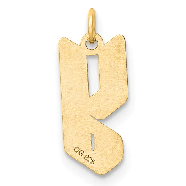 Gold pendant in the shape of the letter K with a small stamped hallmark on the lower left and a loop attachment at the top.